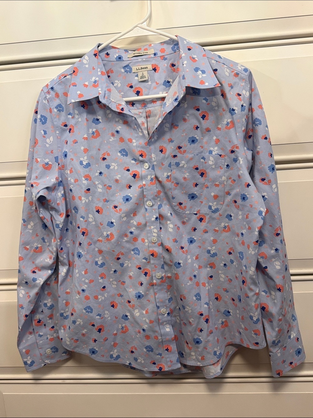 L.L. Bean Light Blue Floral Button-Front Shirt with Coral and Navy Accents